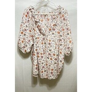 Ana New Approach Womens 3X Cotton Floral‎ Ruffle Collar Balloon Sleeve Top